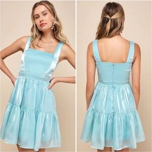 Lulus Thriving Darling Shiny Teal Blue Sleeveless Tiered Mini Dress Size XL NEW